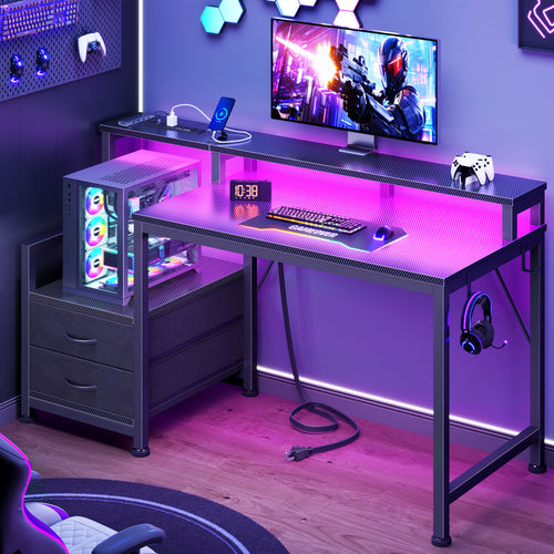 Computer Desk with RGB LED Lights, Charging Station, Monitor Stand & Drawers, Gaming Desk with Adjustable Shelves