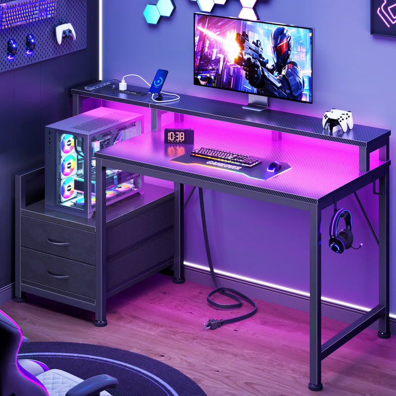 Computer Desk with RGB LED Lights, Charging Station, Monitor Stand & Drawers, Gaming Desk with Adjustable Shelves