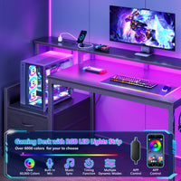 Computer Desk with RGB LED Lights, Charging Station, Monitor Stand & Drawers, Gaming Desk with Adjustable Shelves