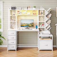 5-Drawer LED Computer Desk with Bookshelves and Filing Storage