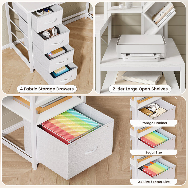 5-Drawer LED Computer Desk with Bookshelves and Filing Storage