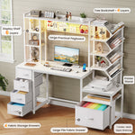 5-Drawer LED Computer Desk with Bookshelves and Filing Storage