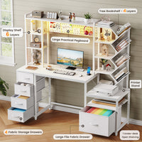5-Drawer LED Computer Desk with Bookshelves and Filing Storage