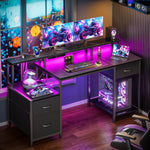 Reversible Computer Desk with LED Lights, Charging Station, Drawers & Monitor Stand, Home Office Desk with Shelf
