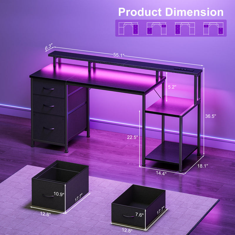 Reversible Computer Desk with LED Lights, Charging Station, Drawers & Monitor Stand, Home Office Desk with Shelf