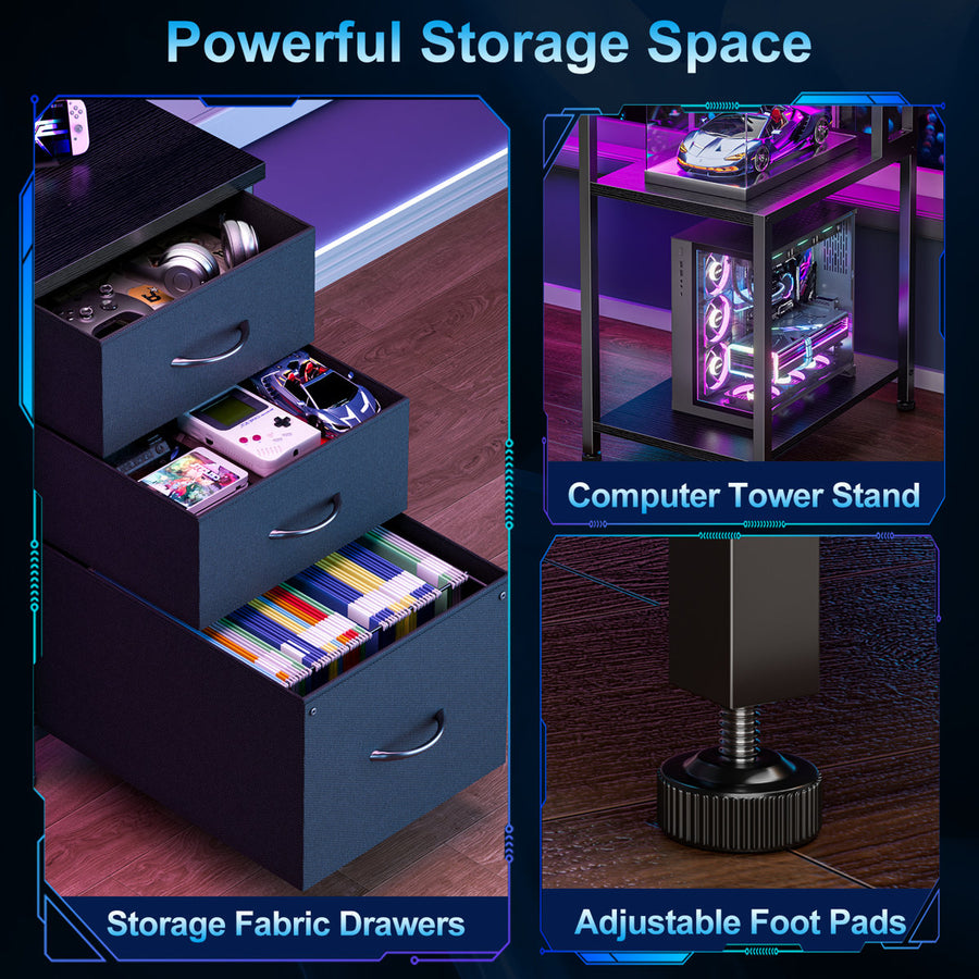 Reversible Computer Desk with LED Lights, Charging Station, Drawers & Monitor Stand, Home Office Desk with Shelf