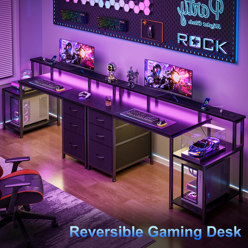 Reversible Computer Desk with LED Lights, Charging Station, Drawers & Monitor Stand, Home Office Desk with Shelf
