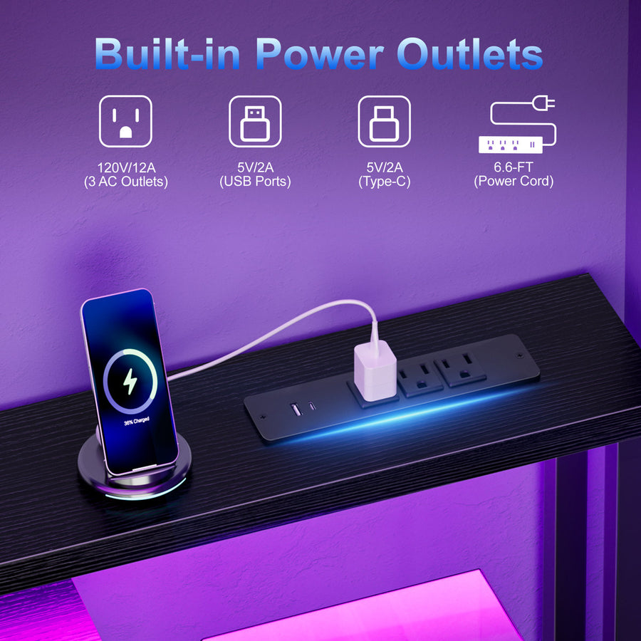 Reversible Computer Desk with LED Lights, Charging Station, Drawers & Monitor Stand, Home Office Desk with Shelf