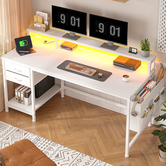 Computer Desk With Monitor Stand & Power Outlet & 2 Drawers & Side Pocket,gaming Desk With Led Lights