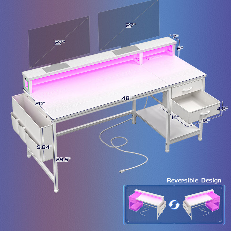 Computer Desk With Monitor Stand & Power Outlet & 2 Drawers & Side Pocket,gaming Desk With Led Lights