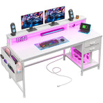 Computer Desk With Monitor Stand & Power Outlet & 2 Drawers & Side Pocket,gaming Desk With Led Lights