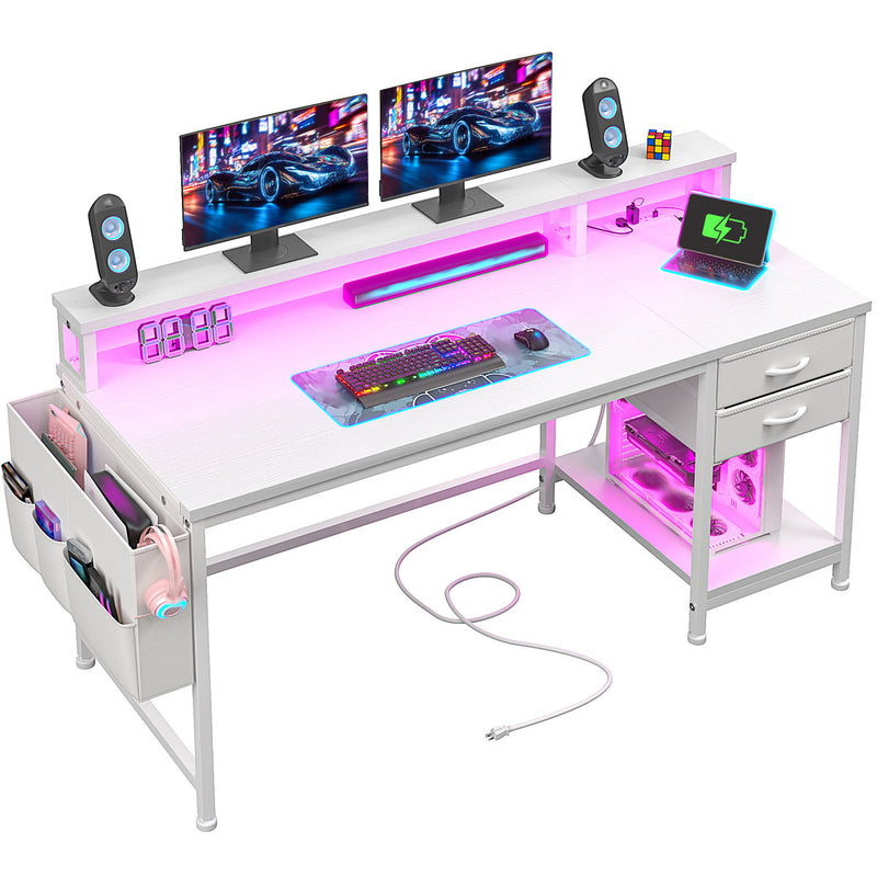 Computer Desk With Monitor Stand & Power Outlet & 2 Drawers & Side Pocket,gaming Desk With Led Lights