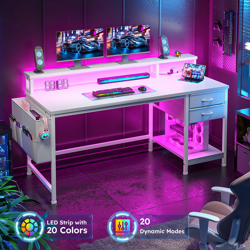 Computer Desk With Monitor Stand & Power Outlet & 2 Drawers & Side Pocket,gaming Desk With Led Lights