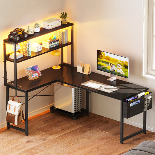 Inbox Zero L-Shaped Desk with LED Lights and Power Outlets