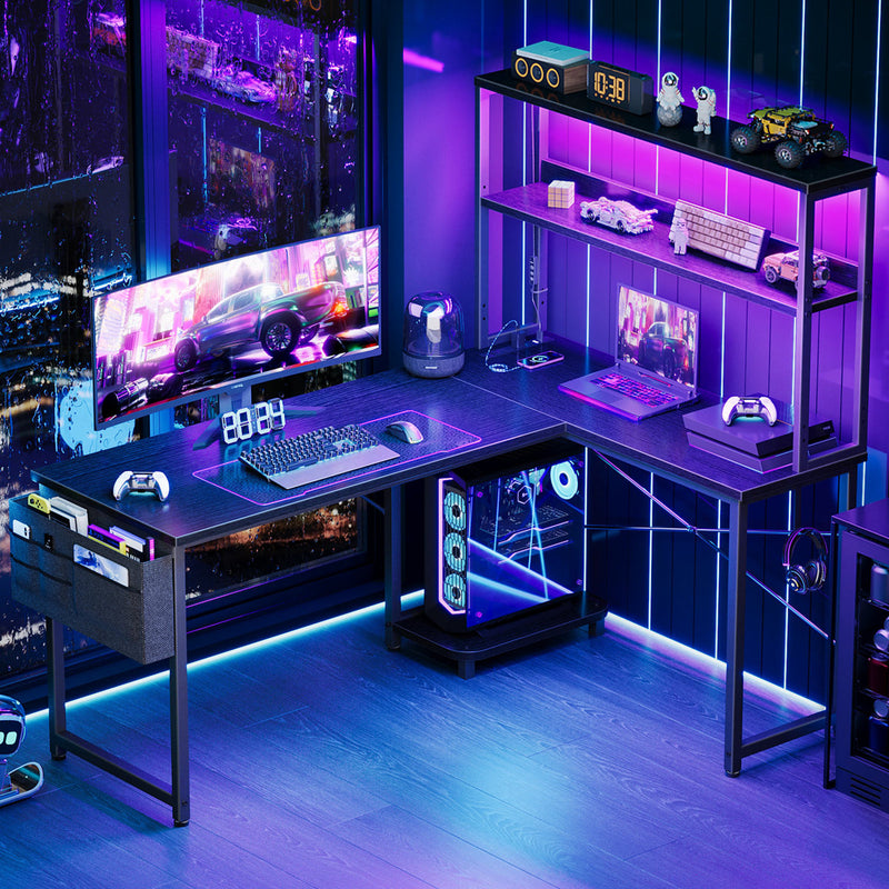 Inbox Zero L-Shaped Desk with LED Lights and Power Outlets