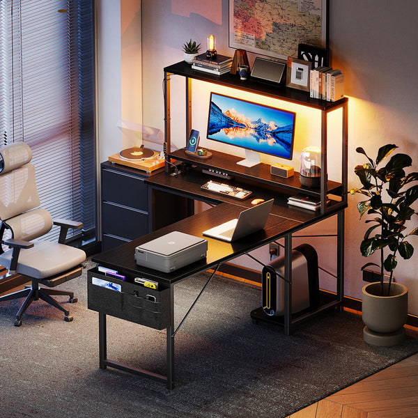 Inbox Zero L-Shaped Desk with LED Lights and Power Outlets