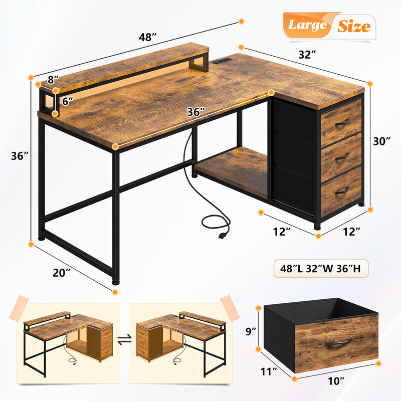 Small Home Office L Shaped Computer Desk With 3 Drawers & Led Lights & Power Outlet & Monitor Stand