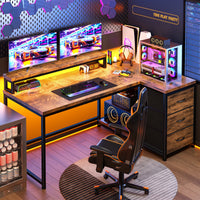 Small Home Office L Shaped Computer Desk With 3 Drawers & Led Lights & Power Outlet & Monitor Stand