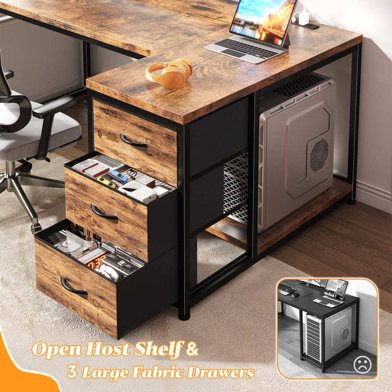 Small Home Office L Shaped Computer Desk With 3 Drawers & Led Lights & Power Outlet & Monitor Stand