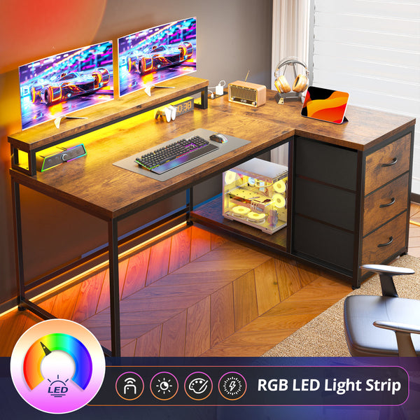 Small Home Office L Shaped Computer Desk With 3 Drawers & Led Lights & Power Outlet & Monitor Stand