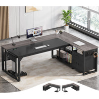 71" L-Shaped Executive Desk With Power Outlets, Modern Home Office Corner Desk with File Drawers and Pegboard