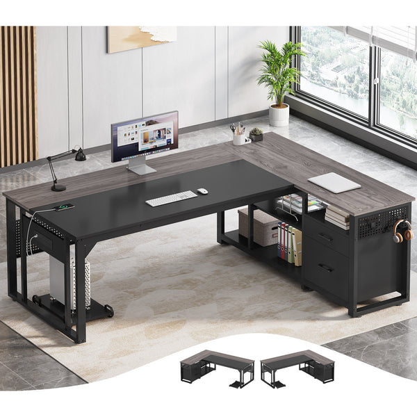71" L-Shaped Executive Desk With Power Outlets, Modern Home Office Corner Desk with File Drawers and Pegboard