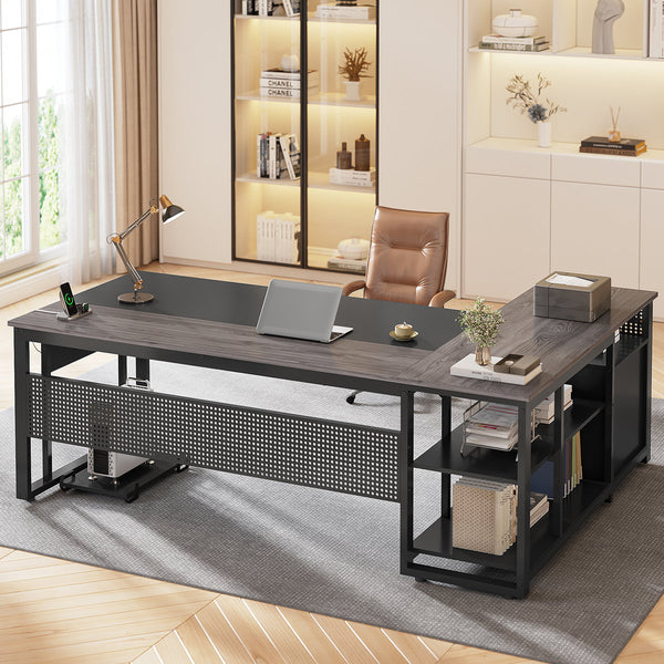71" L-Shaped Executive Desk With Power Outlets, Modern Home Office Corner Desk with File Drawers and Pegboard