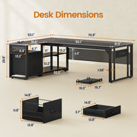 71" L-Shaped Executive Desk With Power Outlets, Modern Home Office Corner Desk with File Drawers and Pegboard