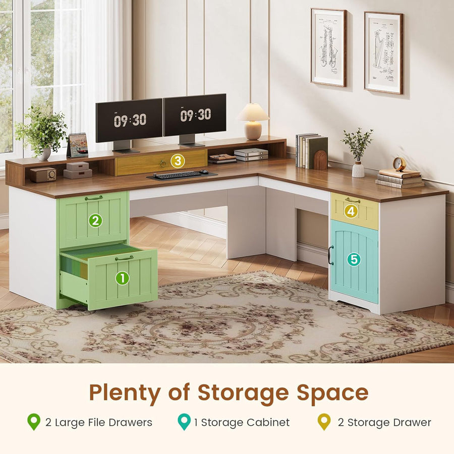 Farmhouse L Shaped Office Desk With Drawers