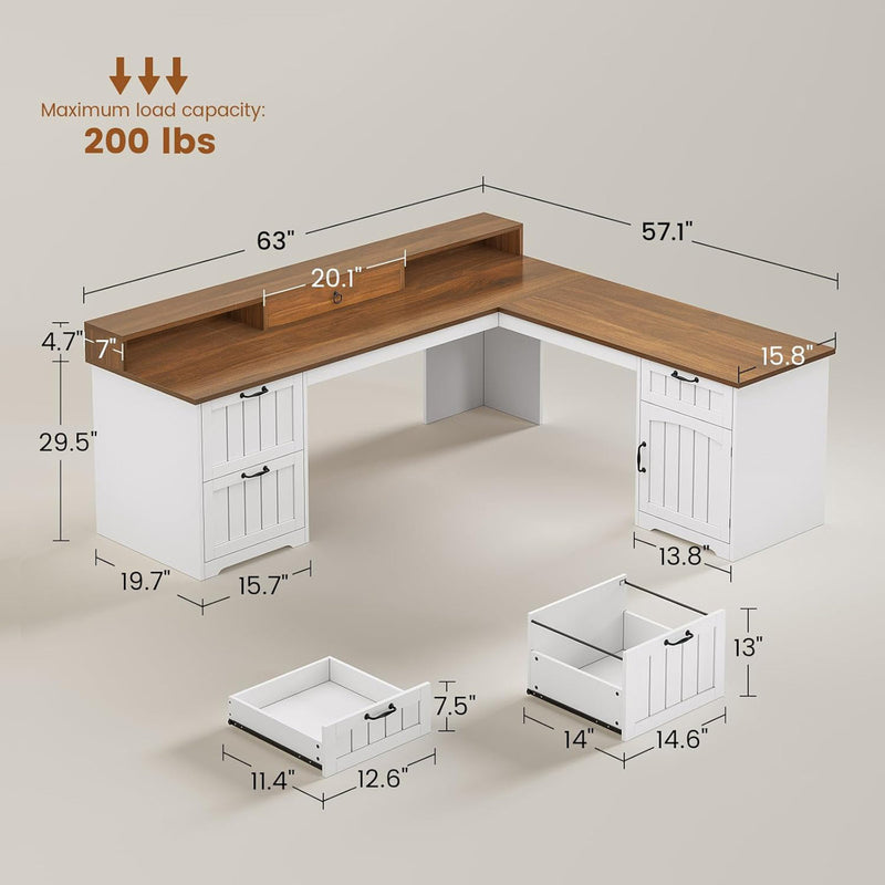 Farmhouse L Shaped Office Desk With Drawers