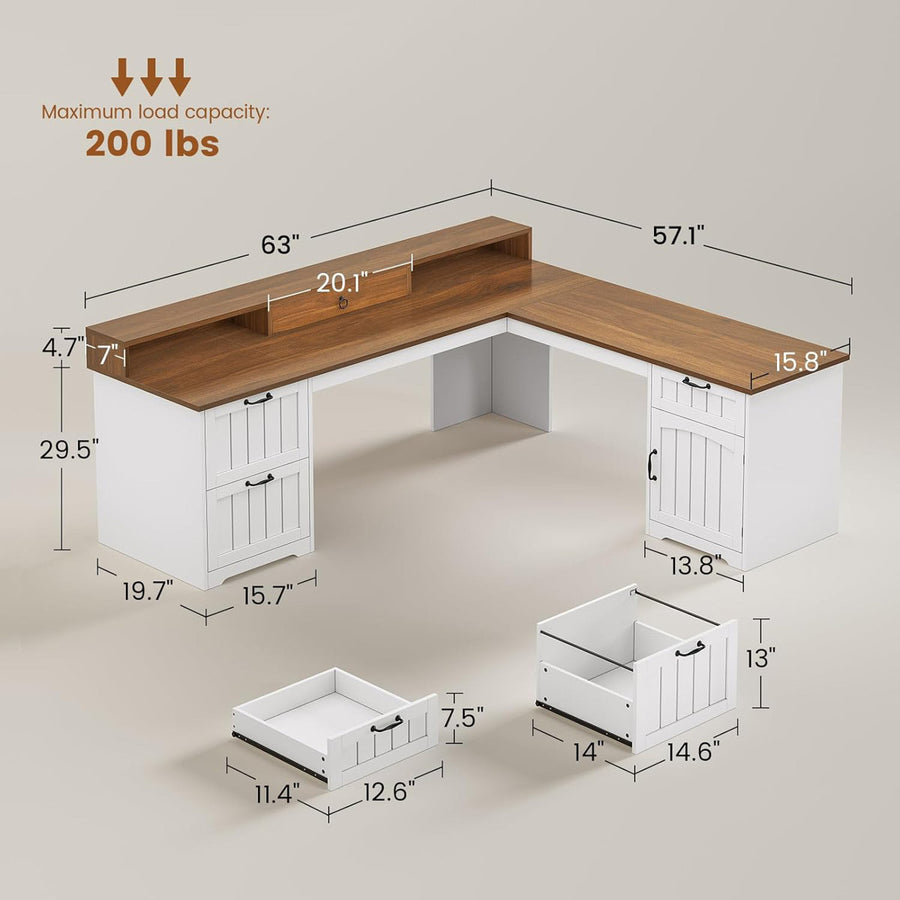 Farmhouse L Shaped Office Desk With Drawers