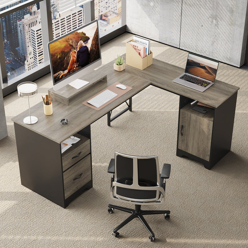 Bartolot 63" W L-Shaped Computer Desk with Monitor Stand and Drawers