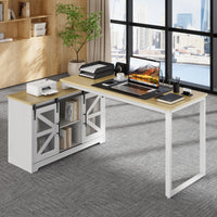 Detrell 65” L-Shape Home Office Desk with Cabinet and Sliding Barn Doors, Farmhouse Executive Desk With Outlet, Rustic Computer Desk