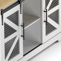Detrell 65” L-Shape Home Office Desk with Cabinet and Sliding Barn Doors, Farmhouse Executive Desk With Outlet, Rustic Computer Desk
