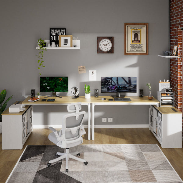 Detrell 65” L-Shape Home Office Desk with Cabinet and Sliding Barn Doors, Farmhouse Executive Desk With Outlet, Rustic Computer Desk