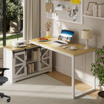 Detrell 65” L-Shape Home Office Desk with Cabinet and Sliding Barn Doors, Farmhouse Executive Desk With Outlet, Rustic Computer Desk