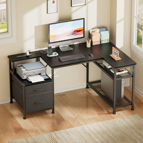 L-Shaped Desk with Charging Station, 2 Fabric Drawers & Adjustable Shelves,Home Office Computer Desk for Small Spaces