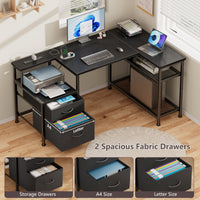 L-Shaped Desk with Charging Station, 2 Fabric Drawers & Adjustable Shelves,Home Office Computer Desk for Small Spaces