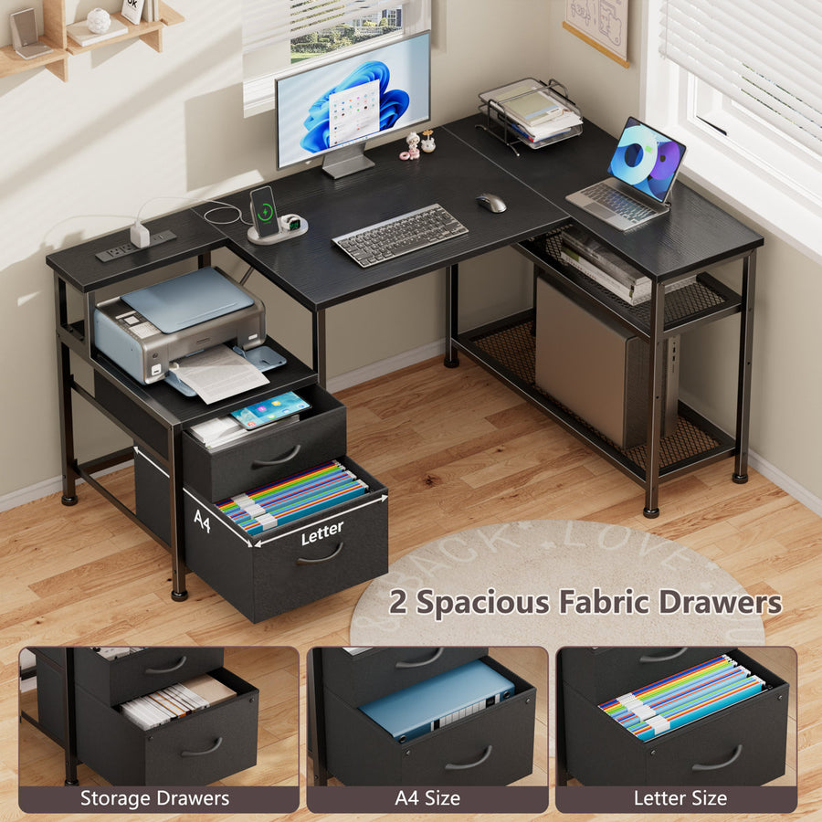L-Shaped Desk with Charging Station, 2 Fabric Drawers & Adjustable Shelves,Home Office Computer Desk for Small Spaces