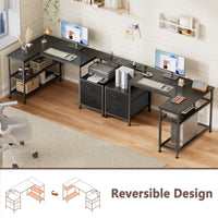 L-Shaped Desk with Charging Station, 2 Fabric Drawers & Adjustable Shelves,Home Office Computer Desk for Small Spaces