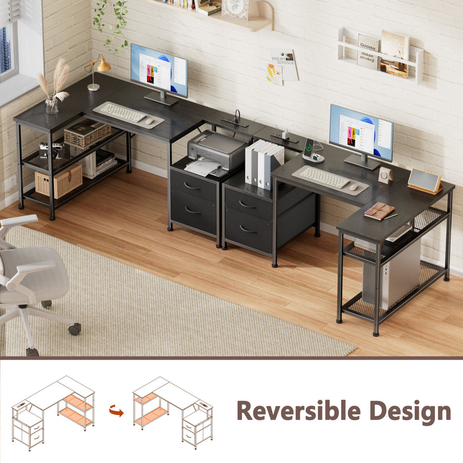 L-Shaped Desk with Charging Station, 2 Fabric Drawers & Adjustable Shelves,Home Office Computer Desk for Small Spaces