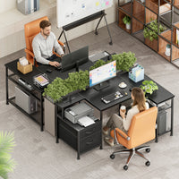 L-Shaped Desk with Charging Station, 2 Fabric Drawers & Adjustable Shelves,Home Office Computer Desk for Small Spaces