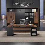 78-Inch L-Shaped Executive Desk Large Office Desk With Power Outlet, Drawer Lateral File Cabinet, Modern Computer Table With Open Shelf And Storage Cabinet For Home Office Study, Brown Black