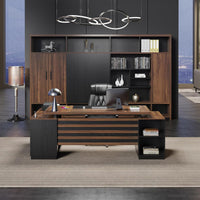 78-Inch L-Shaped Executive Desk Large Office Desk With Power Outlet, Drawer Lateral File Cabinet, Modern Computer Table With Open Shelf And Storage Cabinet For Home Office Study, Brown Black