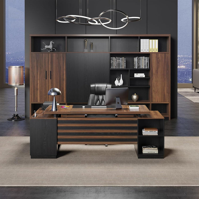 78-Inch L-Shaped Executive Desk Large Office Desk With Power Outlet, Drawer Lateral File Cabinet, Modern Computer Table With Open Shelf And Storage Cabinet For Home Office Study, Brown Black