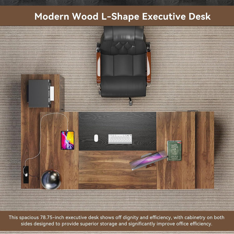 78-Inch L-Shaped Executive Desk Large Office Desk With Power Outlet, Drawer Lateral File Cabinet, Modern Computer Table With Open Shelf And Storage Cabinet For Home Office Study, Brown Black