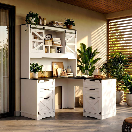57" Farmhouse L Shaped Executive Desk With Drawers and Hutch, Home Office Corner Desk With Charging Station, White