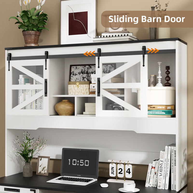 57" Farmhouse L Shaped Executive Desk With Drawers and Hutch, Home Office Corner Desk With Charging Station, White