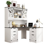 57" Farmhouse L Shaped Executive Desk With Drawers and Hutch, Home Office Corner Desk With Charging Station, White