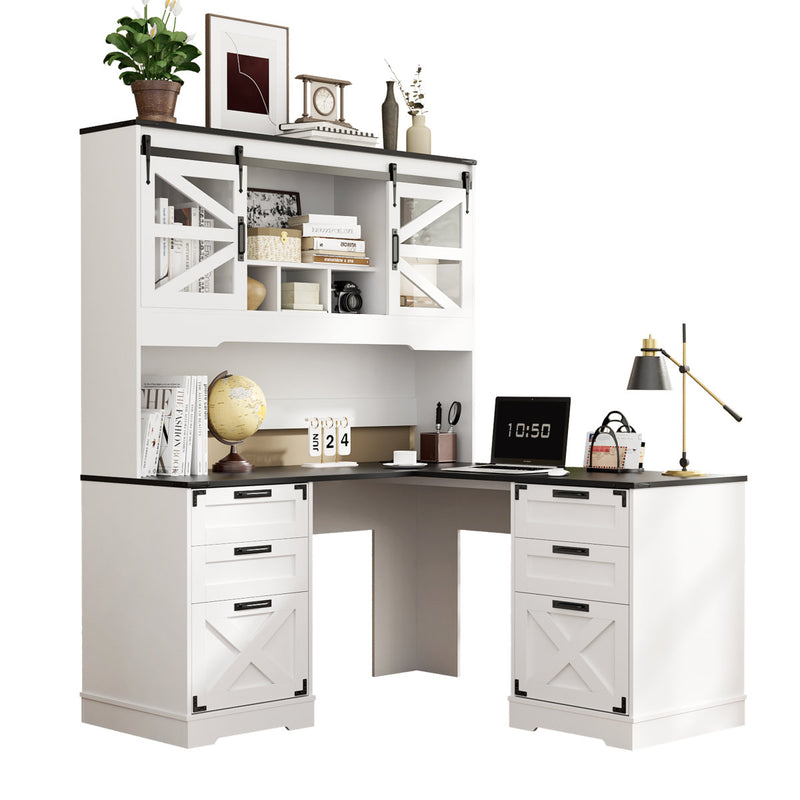 57" Farmhouse L Shaped Executive Desk With Drawers and Hutch, Home Office Corner Desk With Charging Station, White
